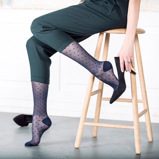 Blå støttestrømper med prikker, nylon