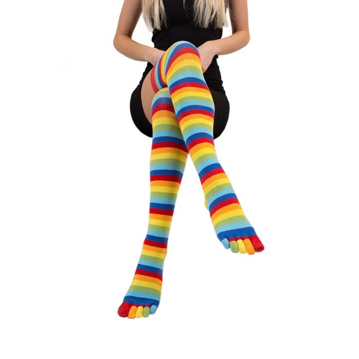 TOETOE Essential - Over Knee,  lårlange tåstrømper, Striped Rainbow