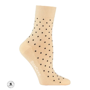 Korte støttestrømper, naturhvide med sorte prikker