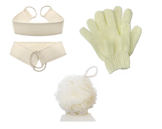 Eksfolierende sæt - skrubbehandske, svamp og bælte