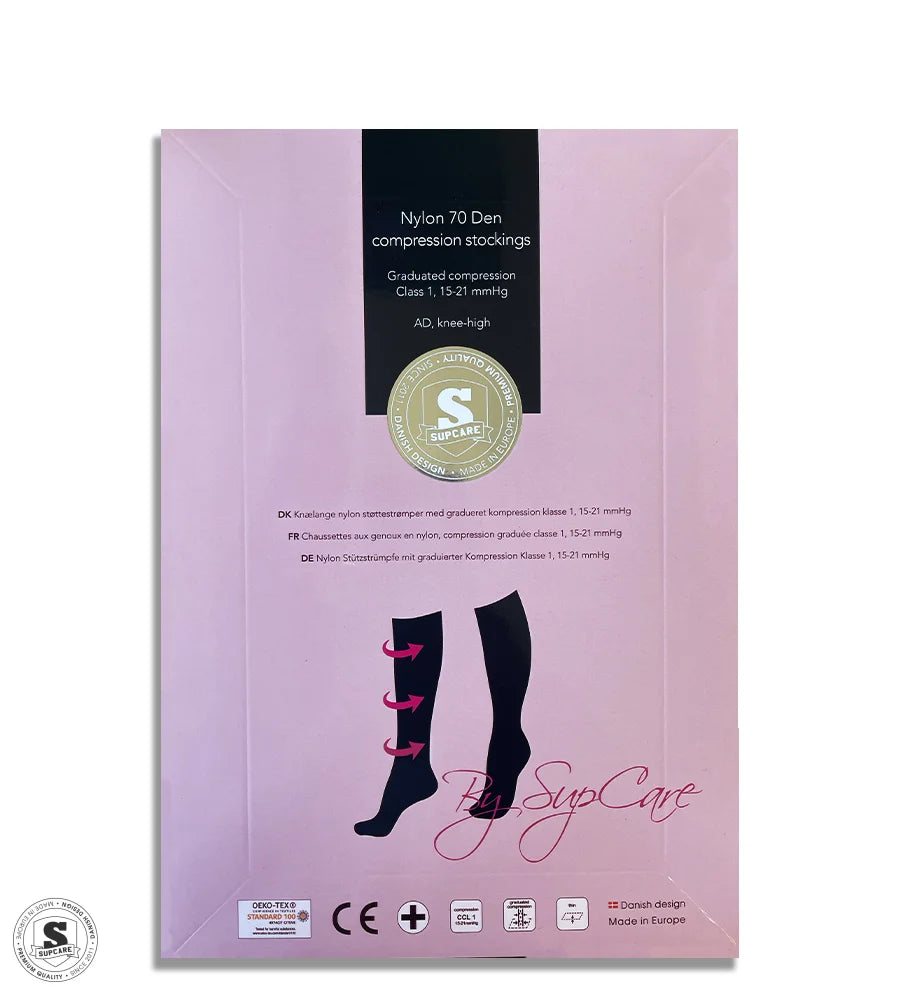 Knehøye støttestrømper i nylon med fint mønster