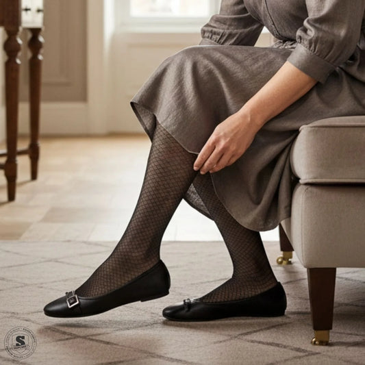 Knehøye støttestrømper i nylon med fint mønster