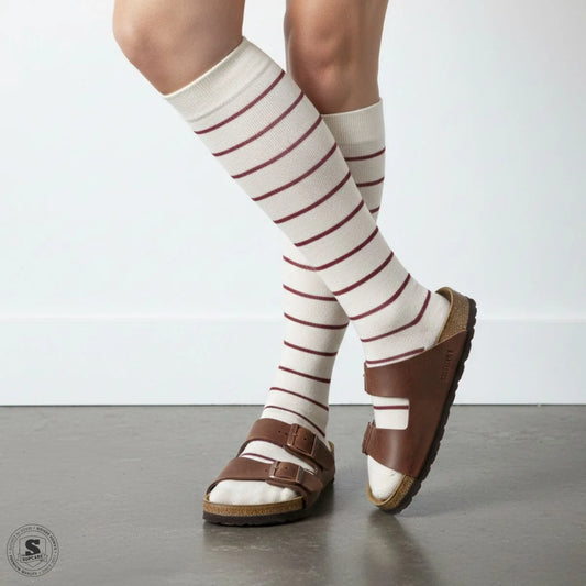 Støttestrømper i bomuld - naturhvid med røde striber