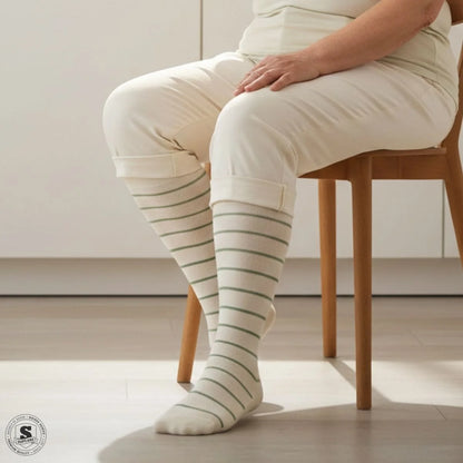 Støttestrømper i bomuld bred model - naturhvid med salviegrønne striber