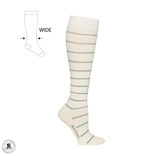 Støttestrømper i bomuld bred model - naturhvid med salviegrønne striber