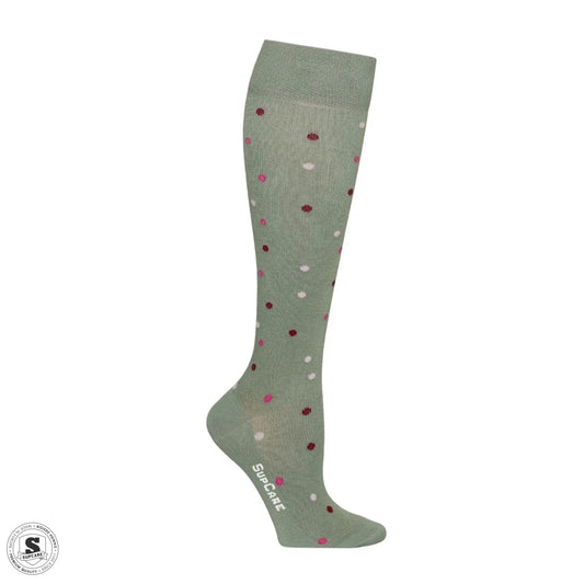 Støttestrømper i bambus - salviegrøn med prikker