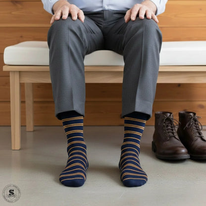 Støttestrømper i bambus - marineblå med striber