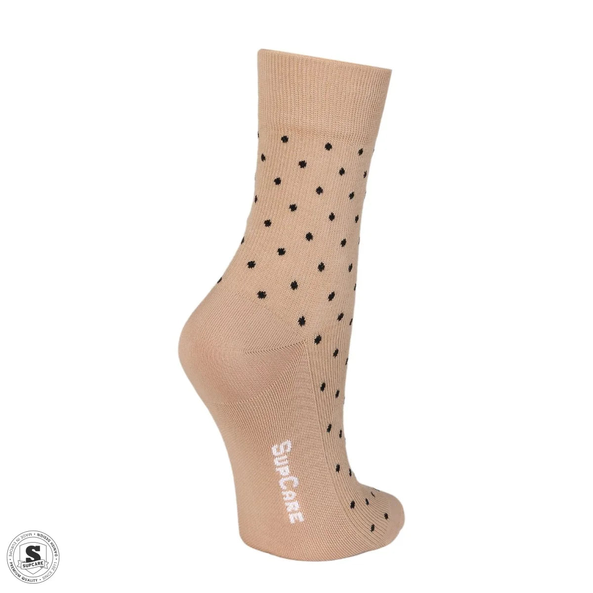 Korte støttestrømper i bomuld - sandfarvede med sorte prikker