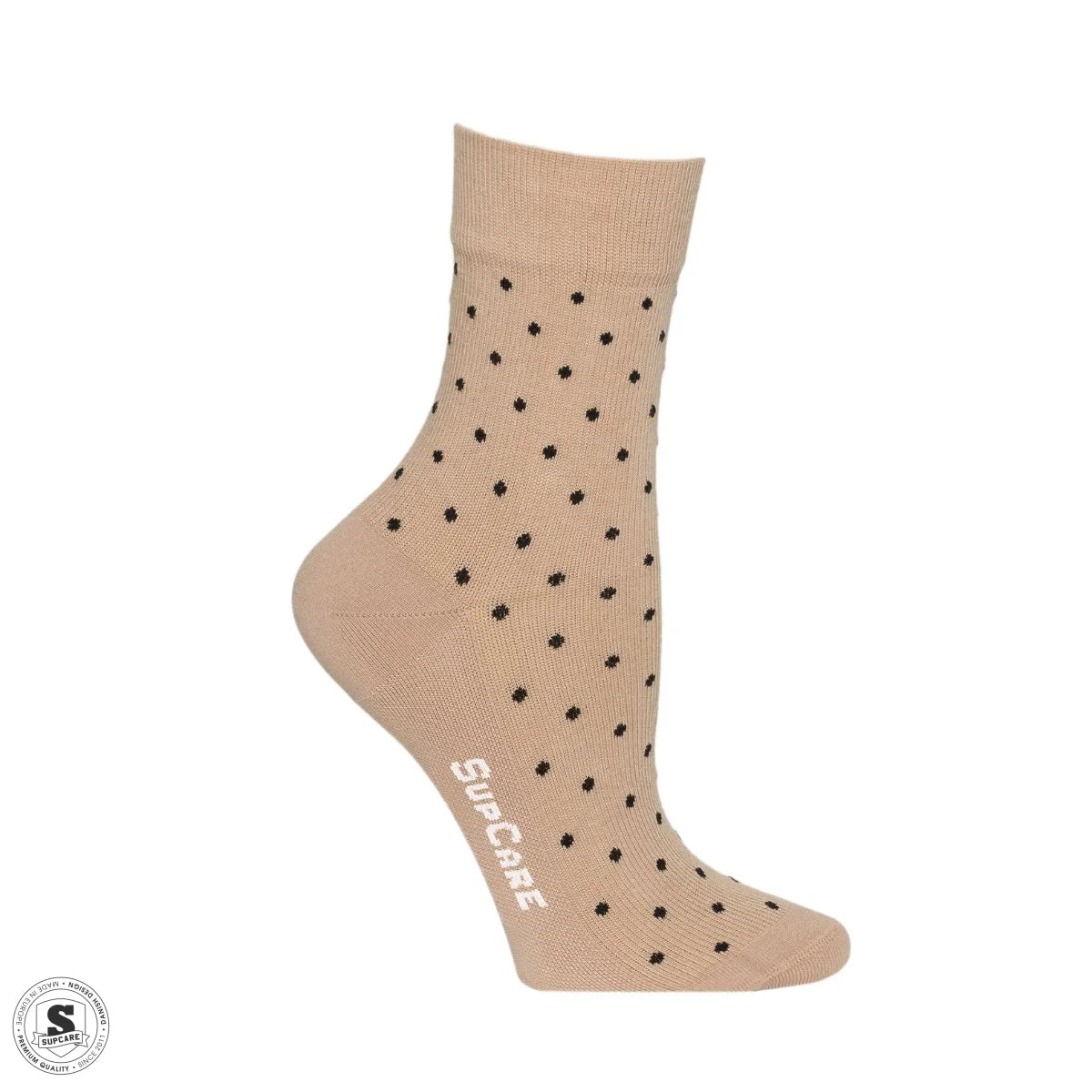 Korte støttestrømper i bomuld - sandfarvede med sorte prikker