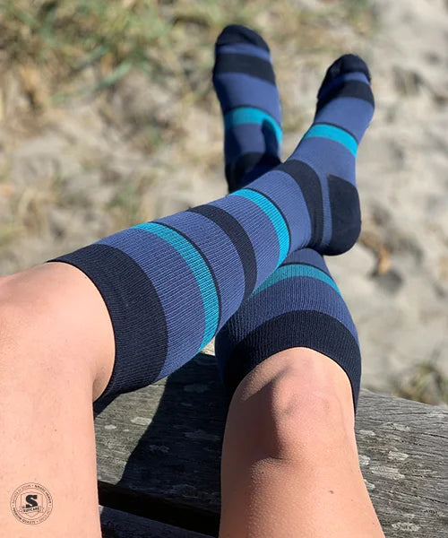 Stribede støttestrømper blå turkis