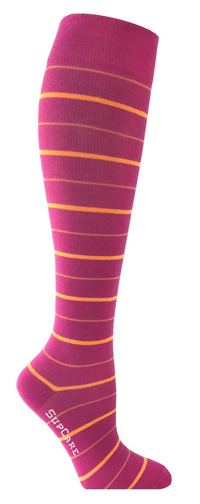 Pink støttestrømper med orange striber, bambus