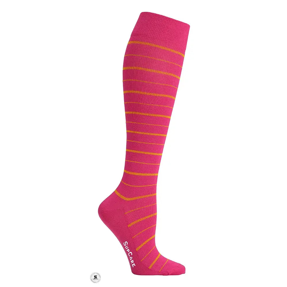Pink støttestrømper med orange striber, bambus