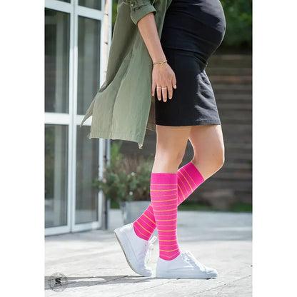 Pink støttestrømper med orange striber, bambus