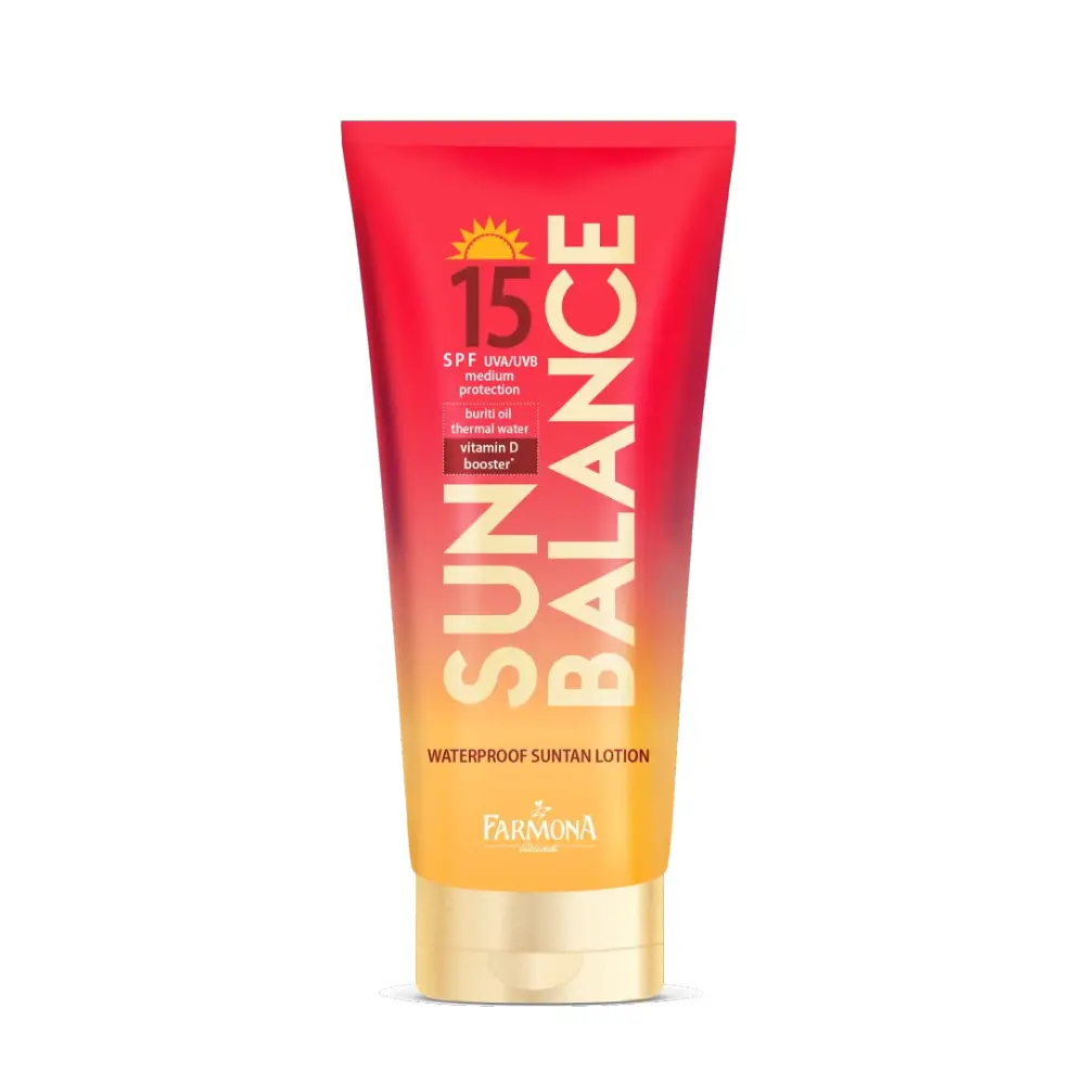 Solbeskyttelsesemulsion SPF 15 med buritiolie for en smuk solbrun farve
