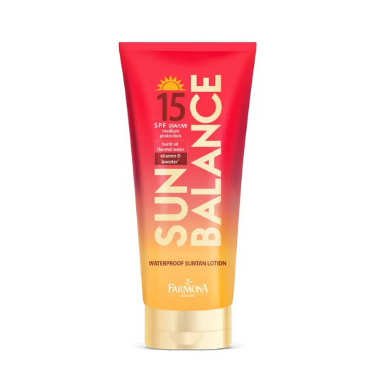 Solbeskyttelsesemulsion SPF 15 med buritiolie for en smuk solbrun farve