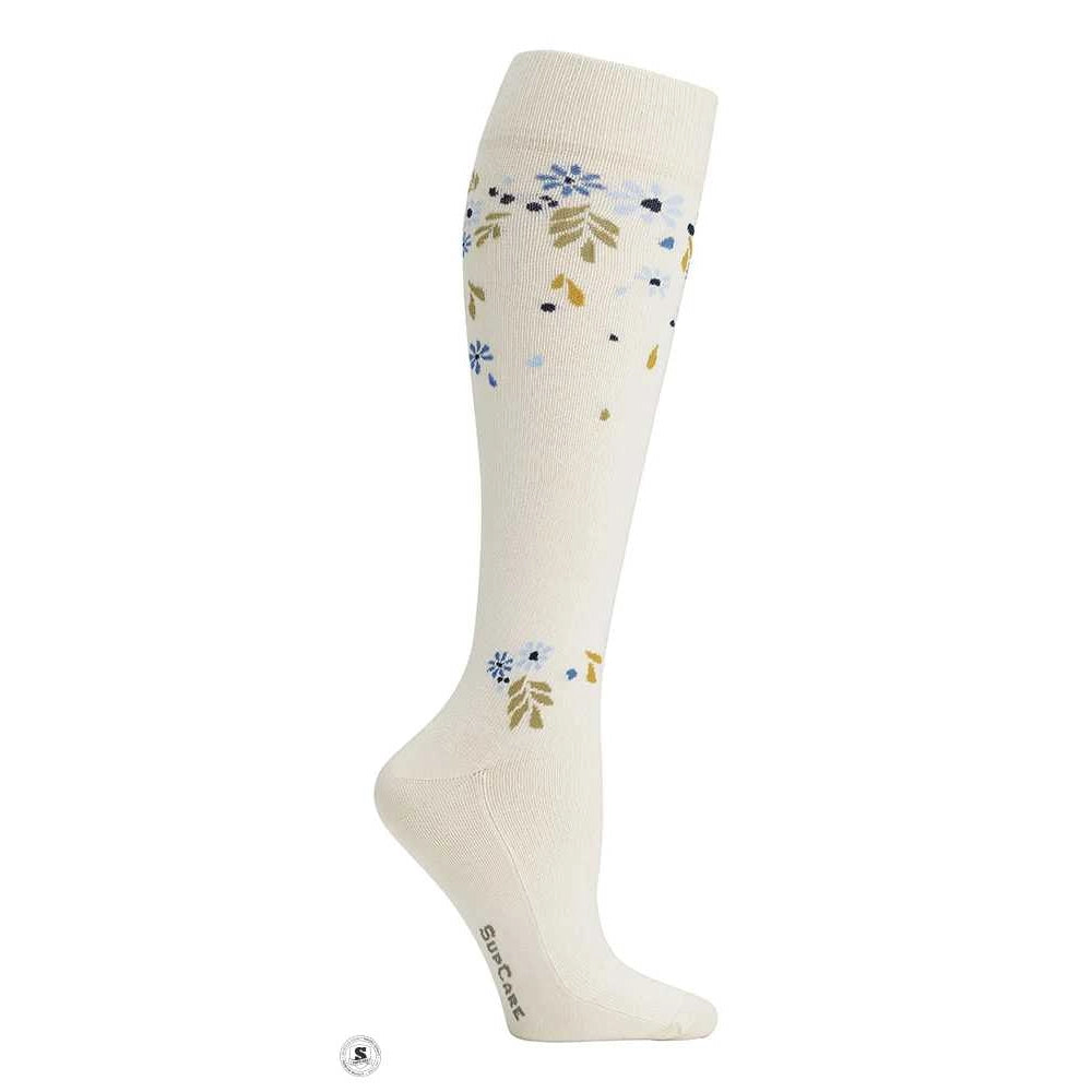 Støttestrømper, Økobomuld, Flower Shower Off White