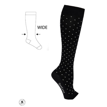 Sorte støttestrømper med åben tå bred model - hvide prikker